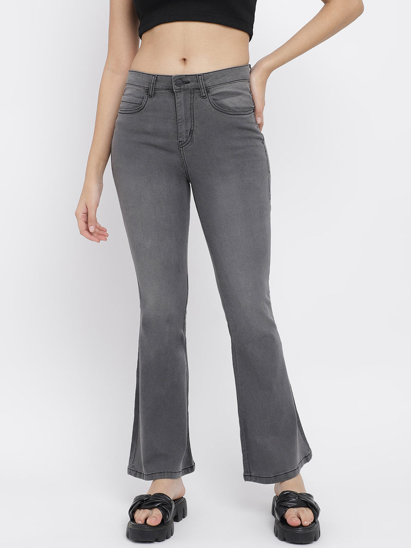 Women Grey Flared Lycra Washed Jeans