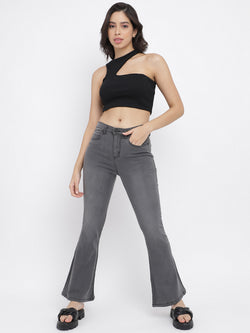 Women Grey Flared Lycra Washed Jeans