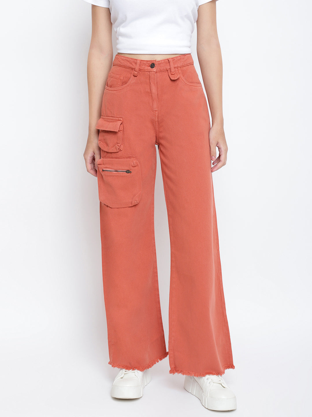 Womens Rust Flared Solid Cargo Trouser