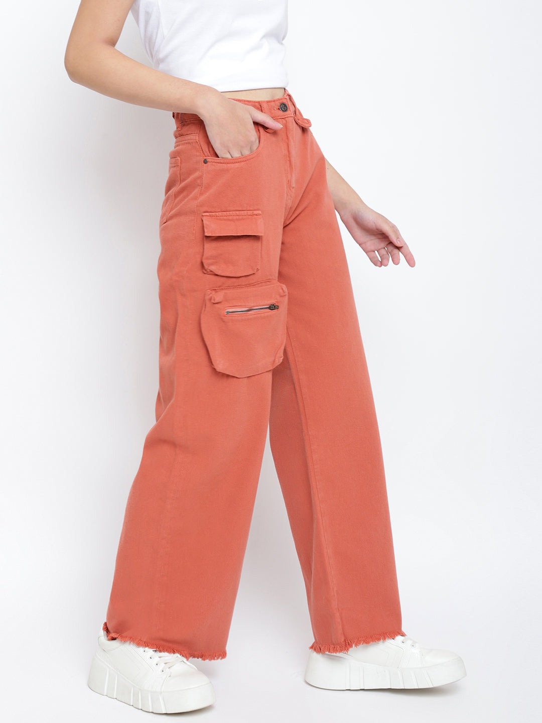 Womens Rust Flared Solid Cargo Trouser