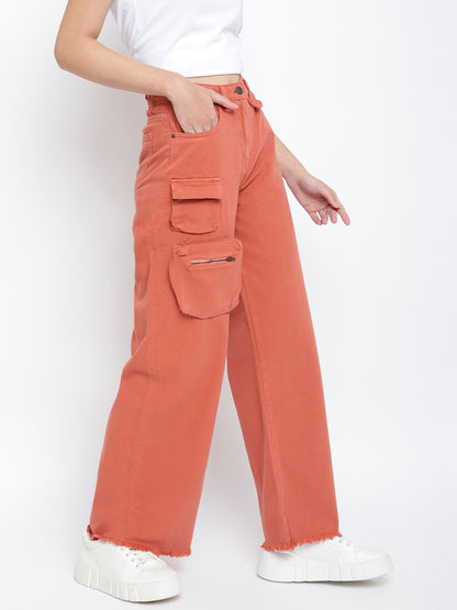 Womens Rust Flared Solid Cargo Trouser