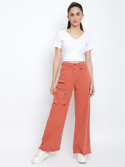 Womens Rust Flared Solid Cargo Trouser
