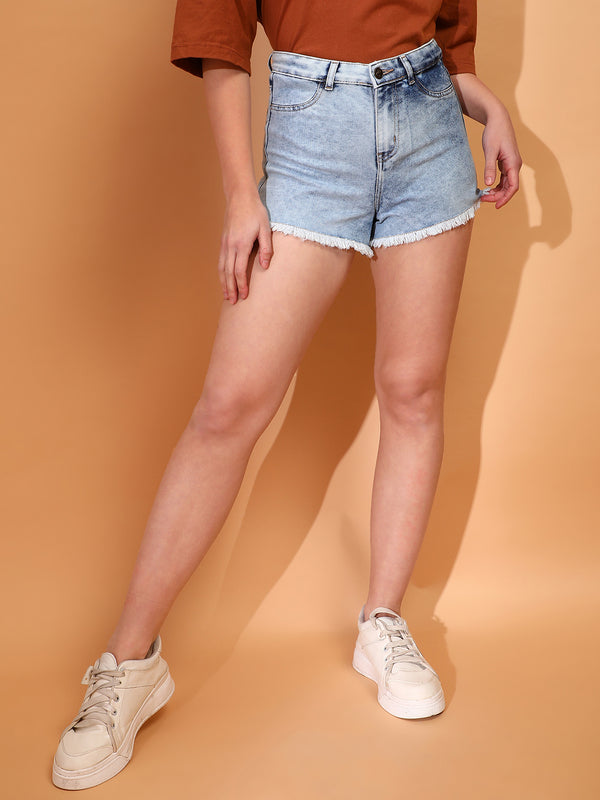 Women Denim Solid Light Blue Shorts