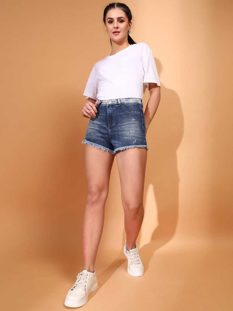 Women Denim solid Dark Blue Shorts