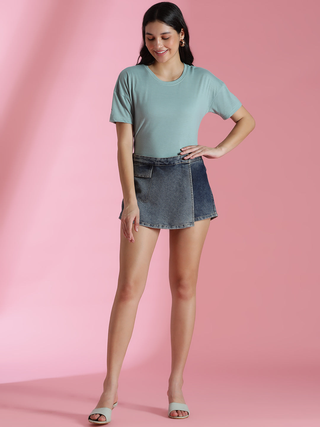 Womens Blue Denim Thigh Length Skort