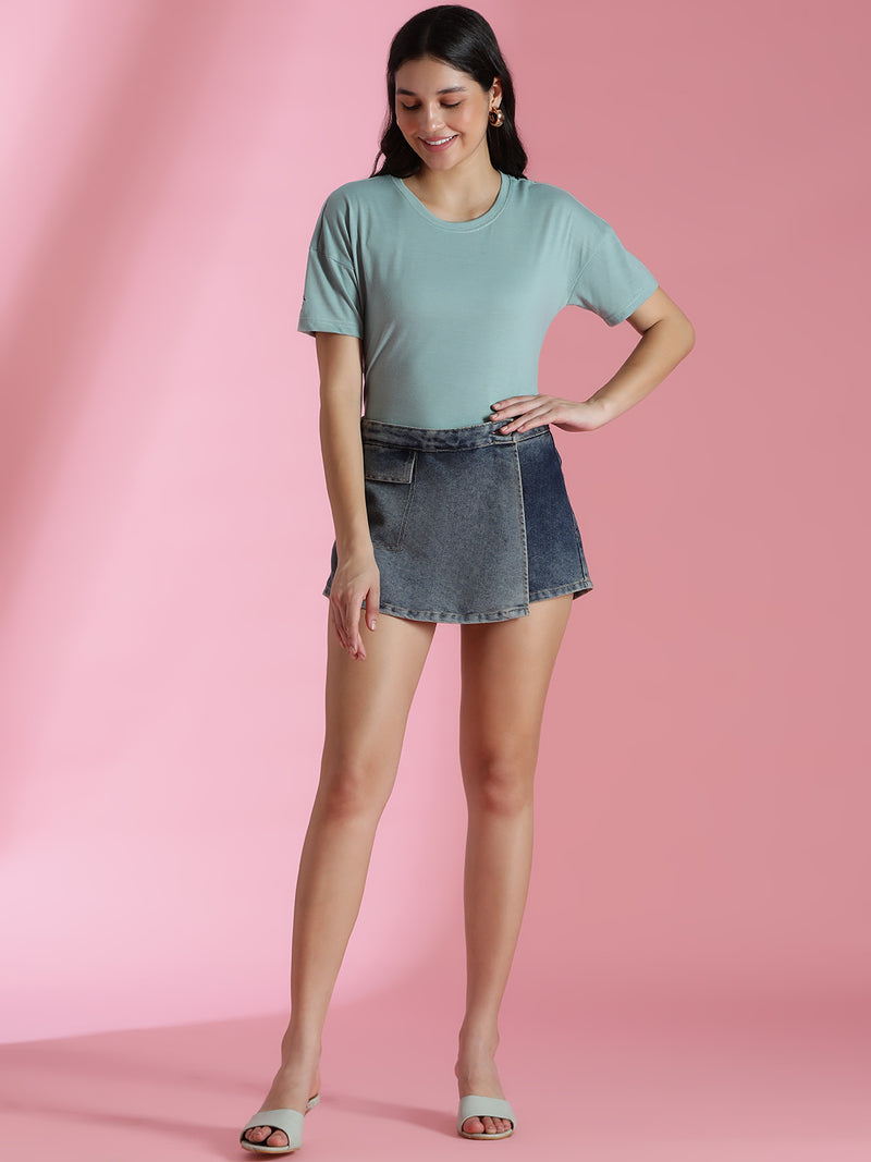 Womens Blue Denim Thigh Length Skort