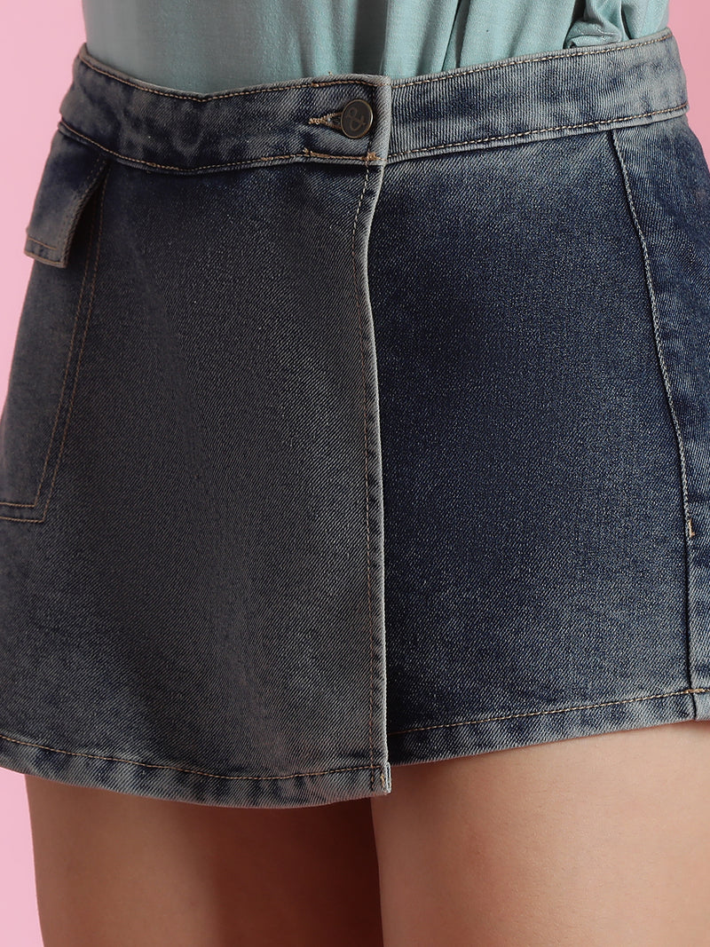 Womens Blue Denim Thigh Length Skort