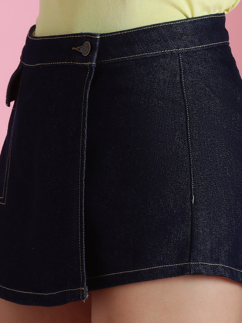 Womens Dark Blue Denim Thigh Length Skort