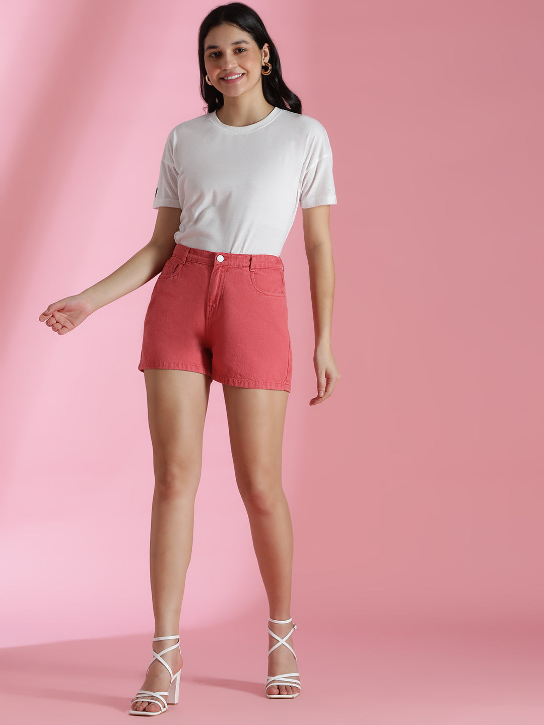 Women's Pink Cotton Washed Mini Shorts