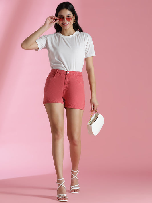 Women's Pink Cotton Washed Mini Shorts