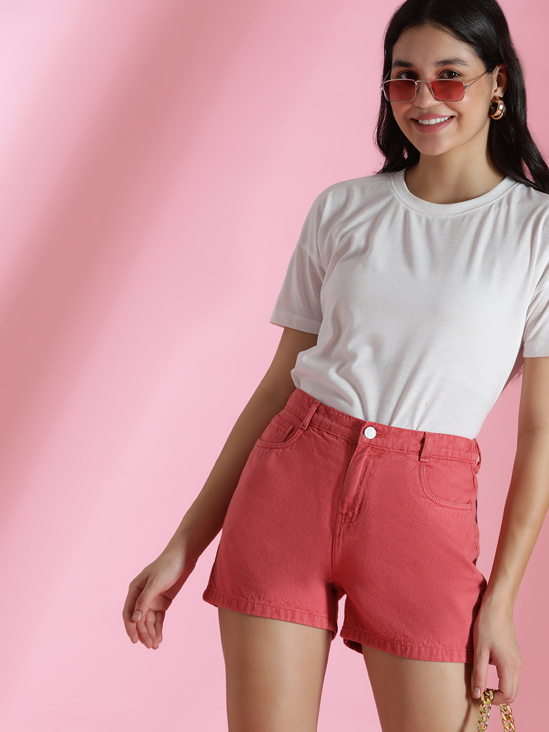 Women's Pink Cotton Washed Mini Shorts
