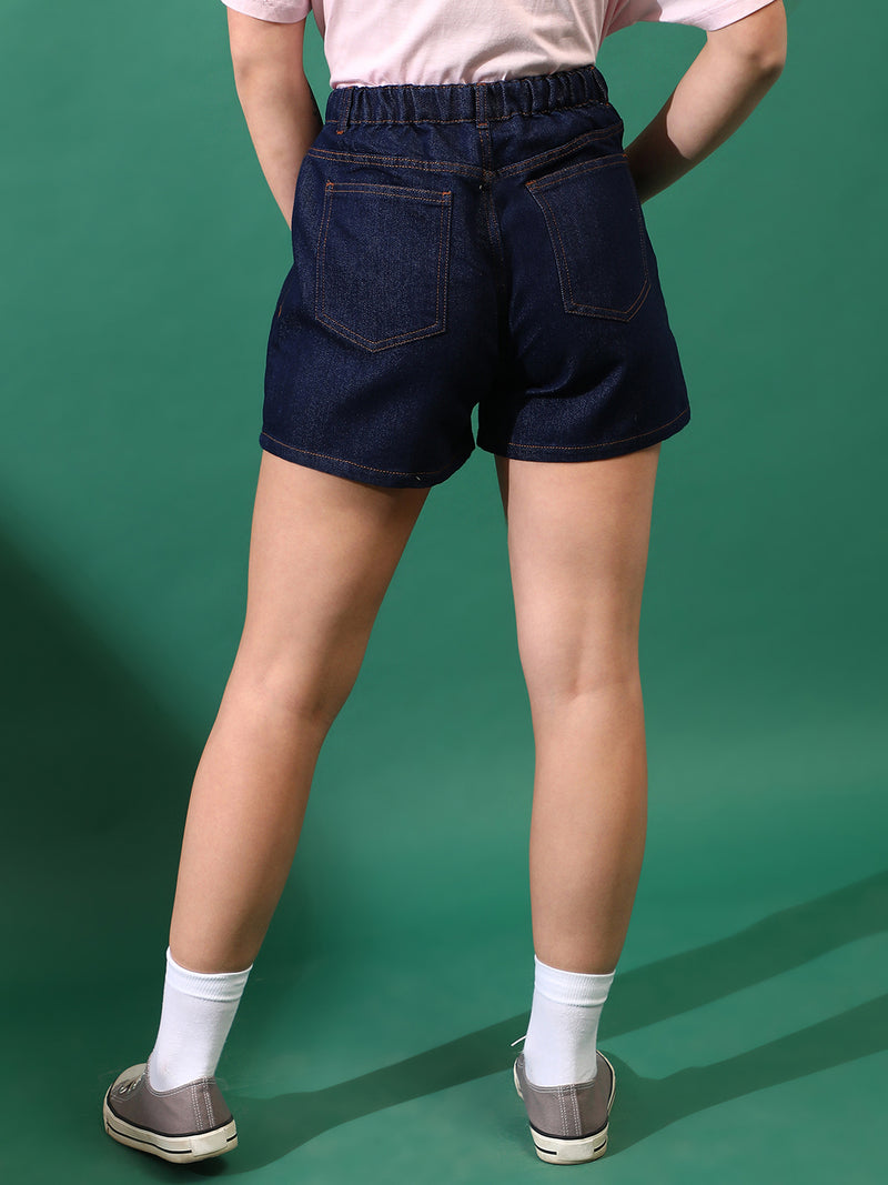 Women Denim solid Dark Blue Shorts