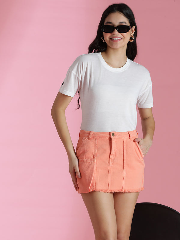 Women Peach Denim Cotton Skirt