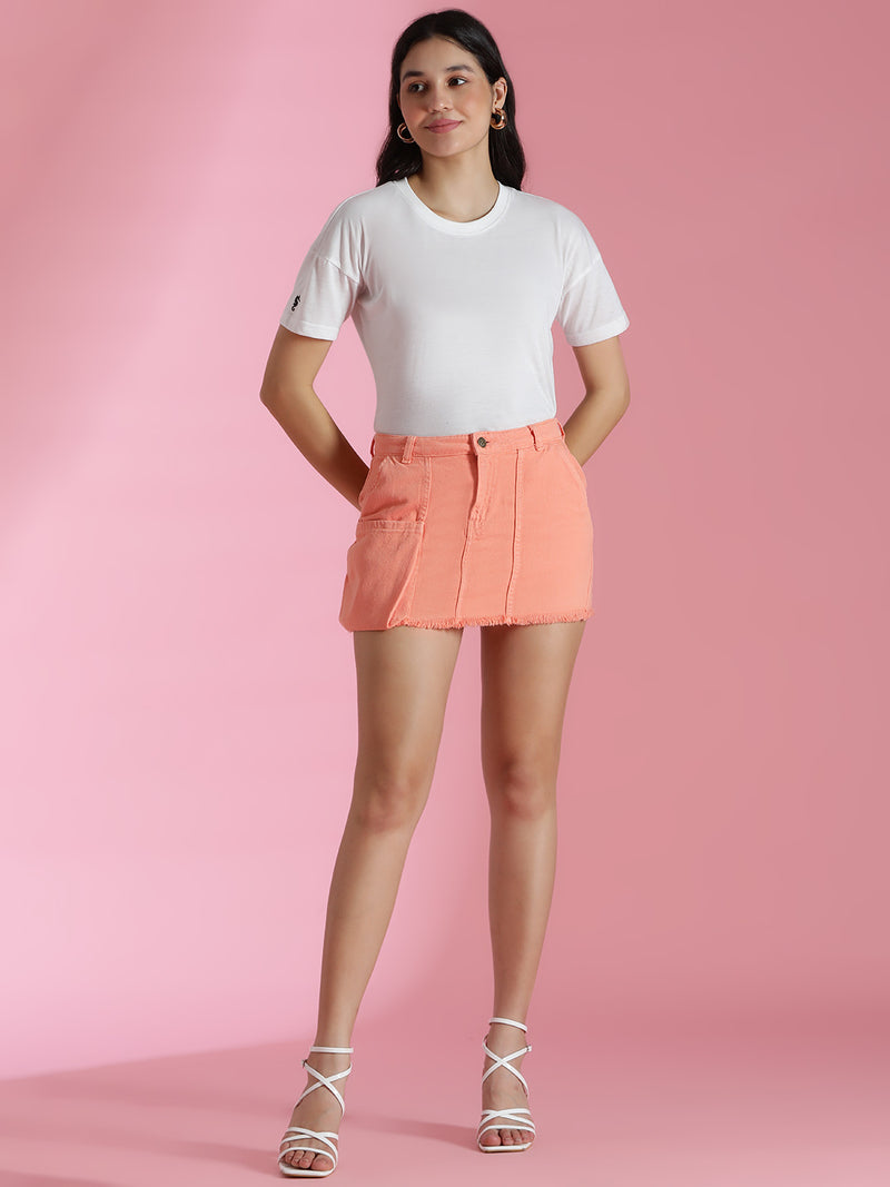 Women Peach Denim Cotton Skirt