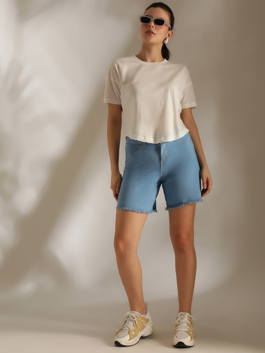 Women's Blue Denim Cotton Washed Mid-Thigh Shorts