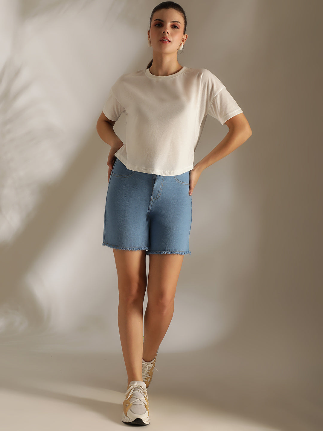 Women's Blue Denim Cotton Washed Mid-Thigh Shorts