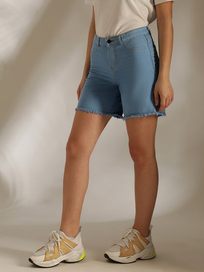 Women's Blue Denim Cotton Washed Mid-Thigh Shorts