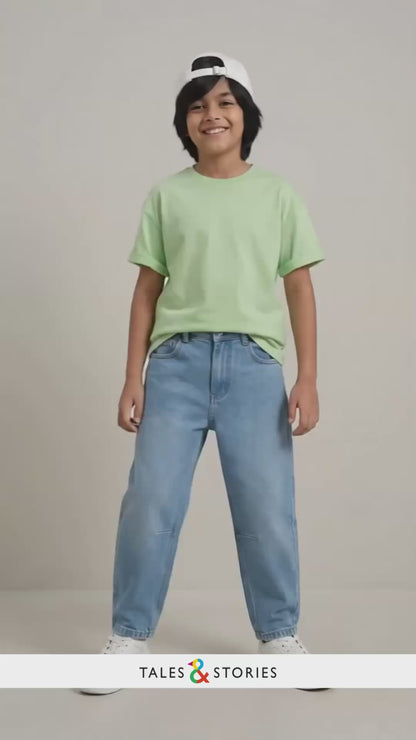 Boys Lycra Denim Blue Barrel Fit Jeans