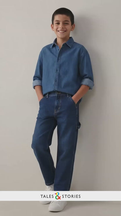 Boys Lycra Denim Washed Blue Carpenter Fit Jeans