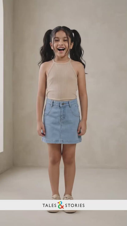 Girls Light Blue A-Line Stretchable Denim Skirt