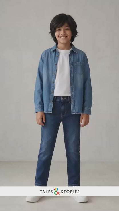 Boys Mid Blue Whisker Slim Fit Stretchable Denim Jeans