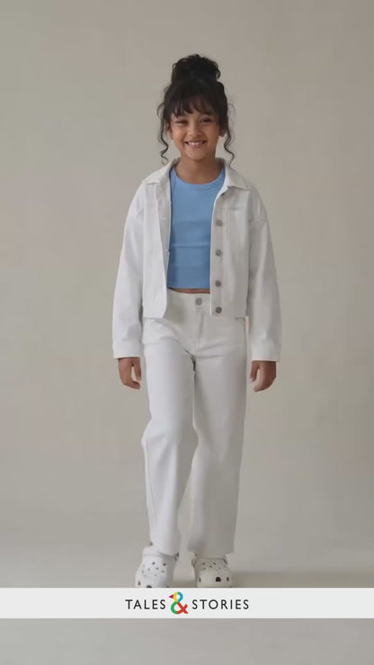 Girls Denim White Wide Leg Flared Jeans