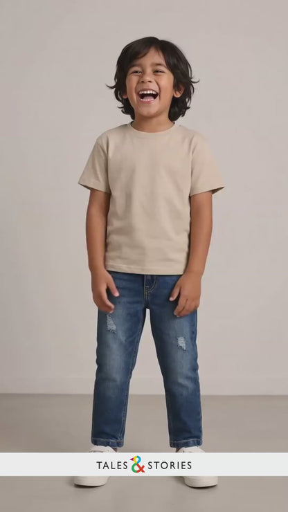 BOYS MID BLUE DENIM CASUAL JOGGERS WITH ORANGE WAISTBAND