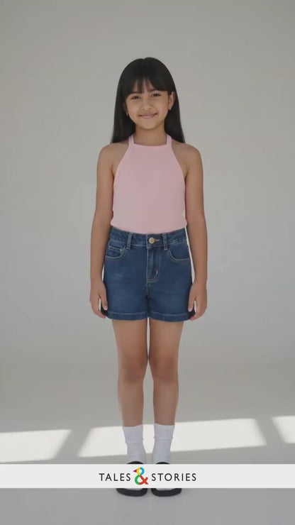 Girls Dark Blue Washed Lycra Regular Fit Above Knee Shorts