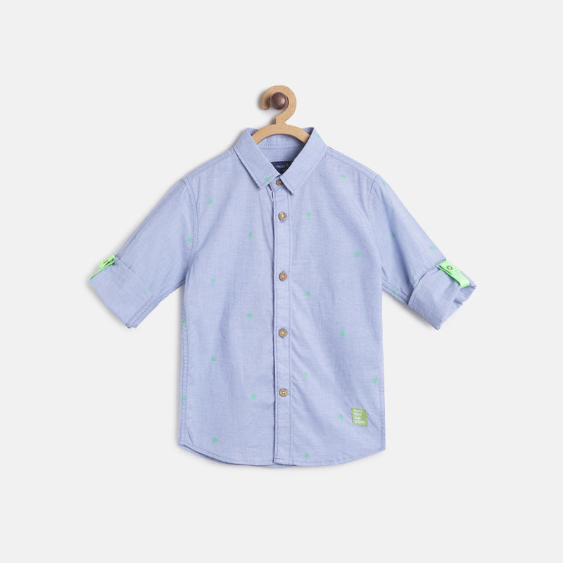 Boys Regular Fit Printed Sky Blue Cotton Shirt 