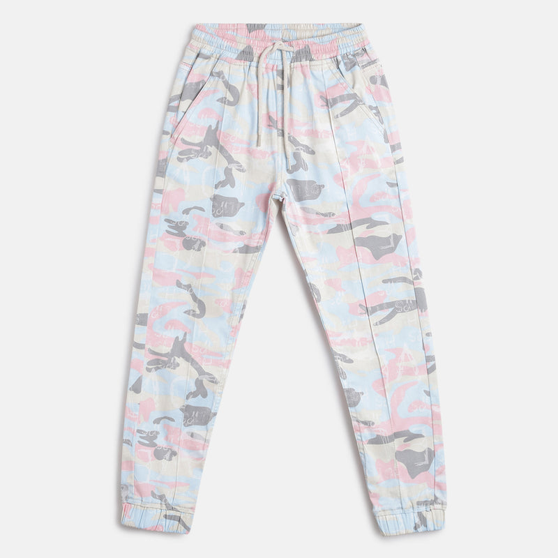 Girls Light Pink Regular Fit Printed Cotton Jogger 