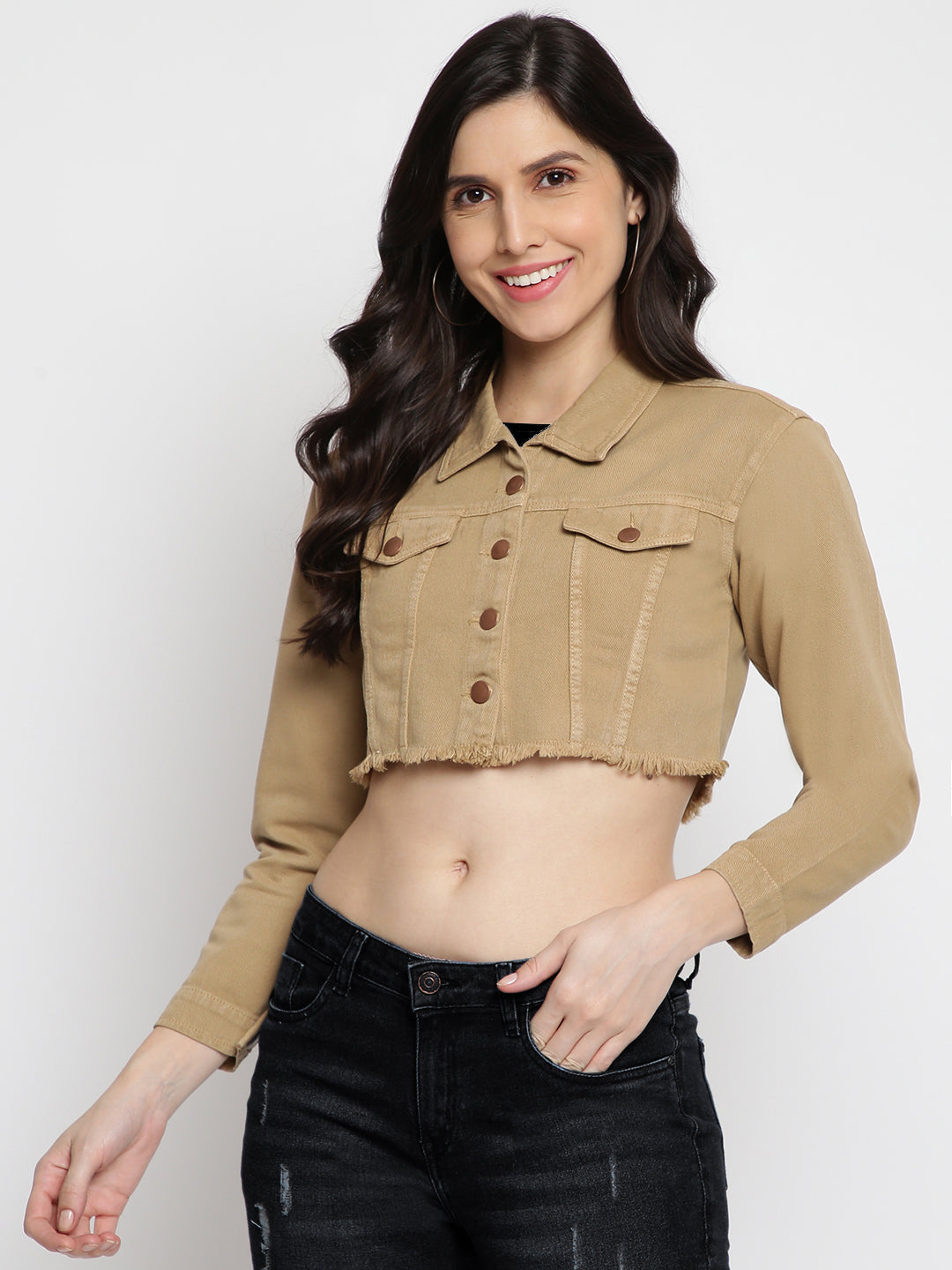Women Khakhi Cropped Denim Jacket