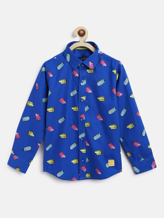 Boys Blue Printed Cotton Shirt