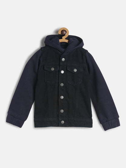 Boys Regular Fit Black Casual Denim Jacket With Hood