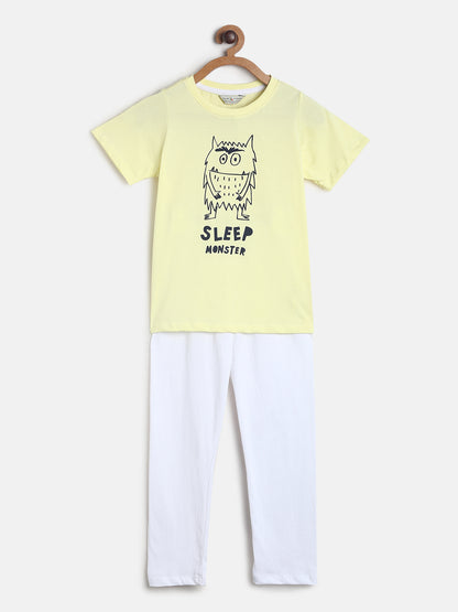 Boys Yellow & White Printed Cotton Night Suit