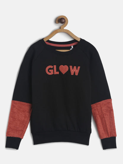 Girls Black Printed Cotton Regular Fit Sweatshirt