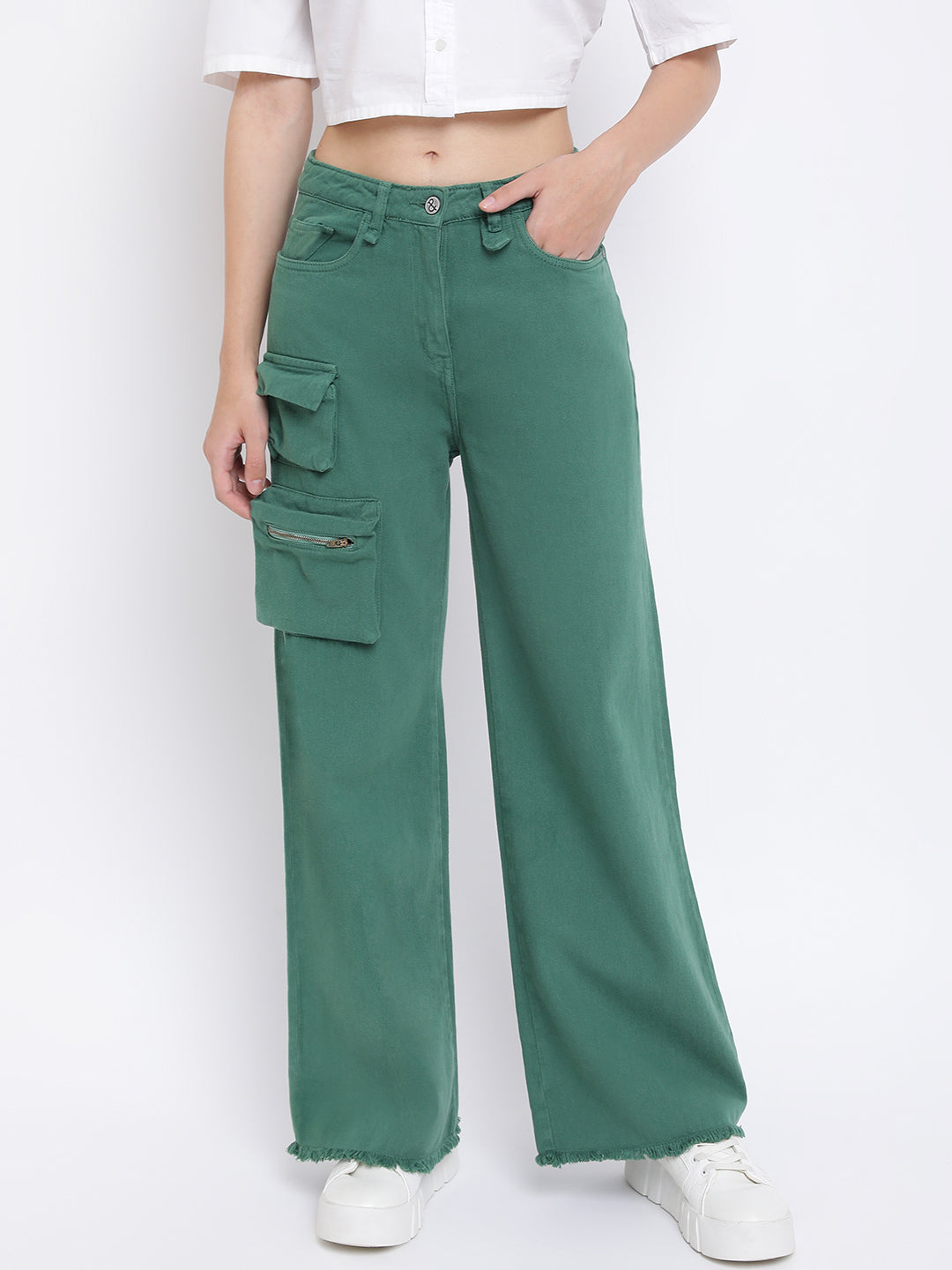 Women Pine Green Denim Cargo