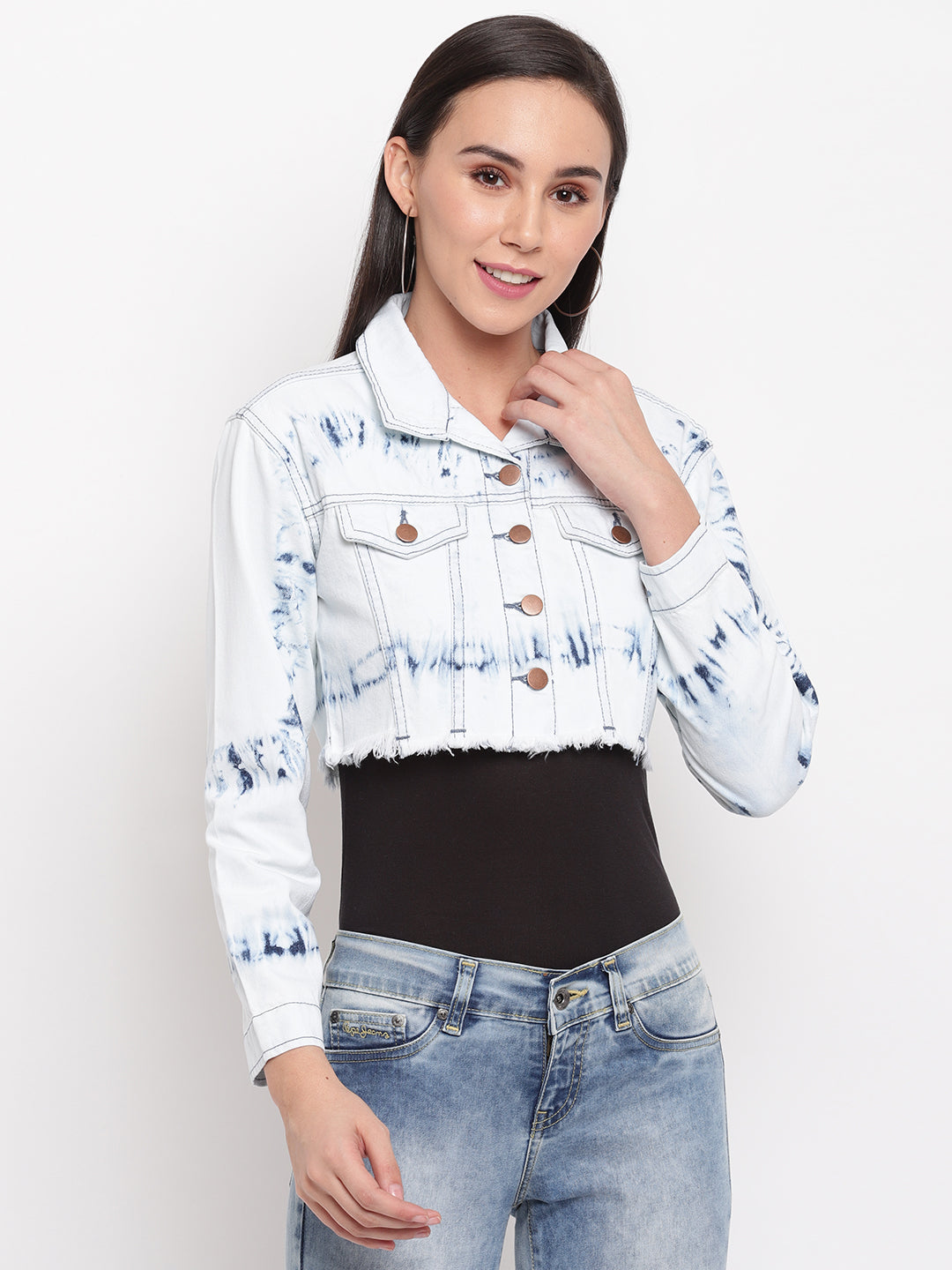Women Light Blue Fray Hem Denim Jacket