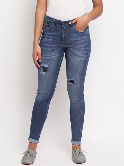 Women Dark Blue Skinny Fit Distressed Denim Jeans