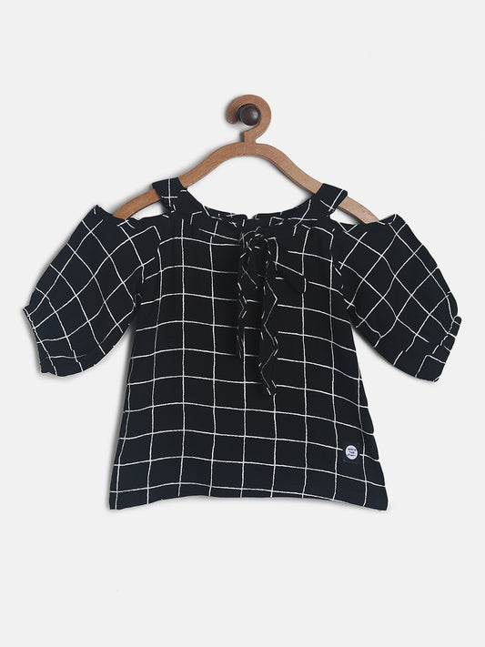 Girls Black Checks Cold Shoulder Top 