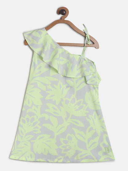 Girls Neon Green Printed Single Shoulder Top 