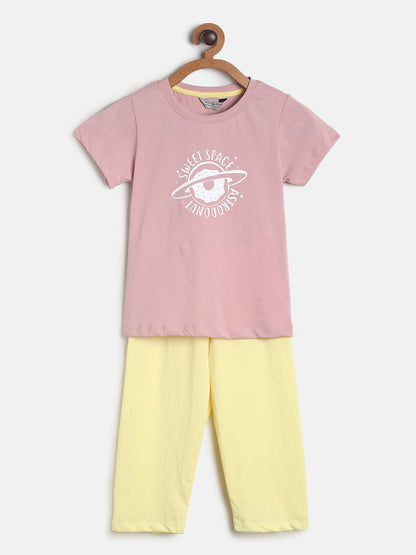 Girls Pink & Yellow Cotton Night Suit 
