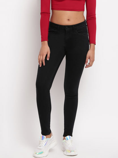 Women Black Skinny Fit Mid Waist Denim Jeans