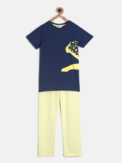 Boys Yellow & Blue Printed Cotton Night Suit
