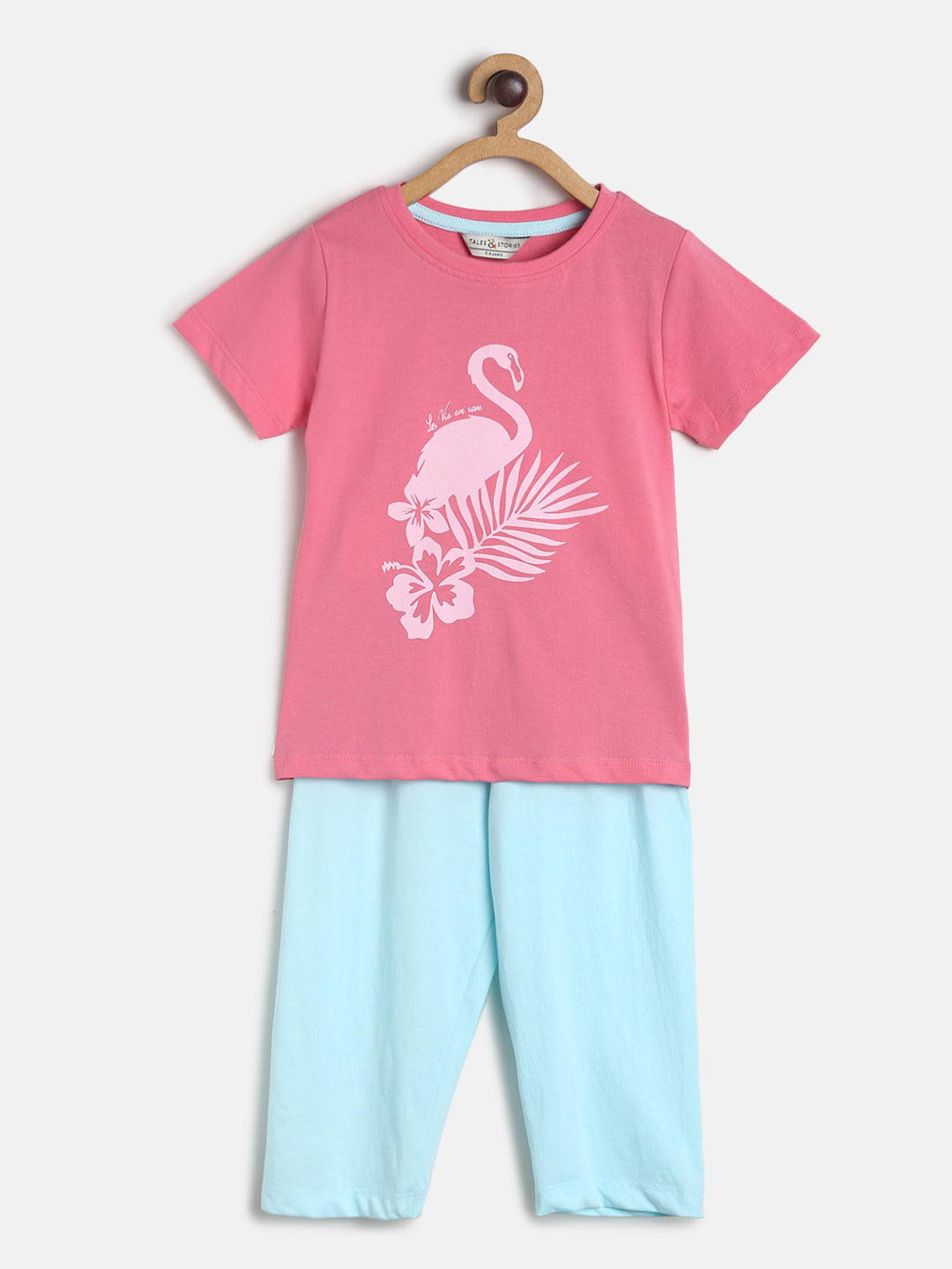 Girls Pink & Sky Blue Cotton Night Suit 