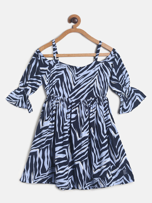 Girls Cold Shoulder Sky Blue Printed Dress 