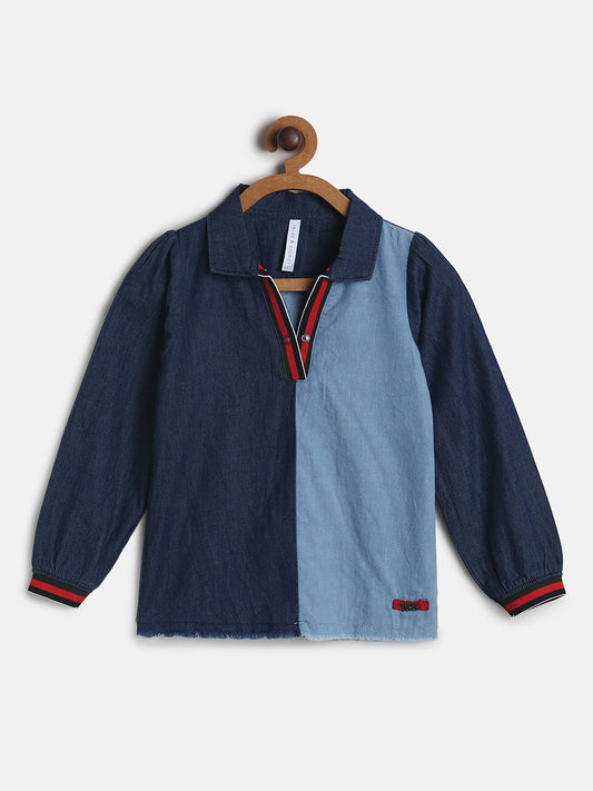 Girls Regular Fit Blue Full Sleeve Cotton T-Shirt