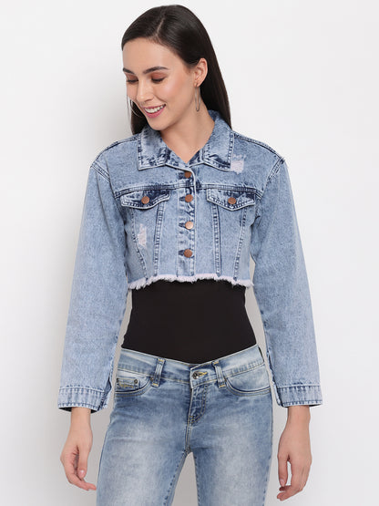 Women Light Blue Fray Hem Cropped Denim Jacket
