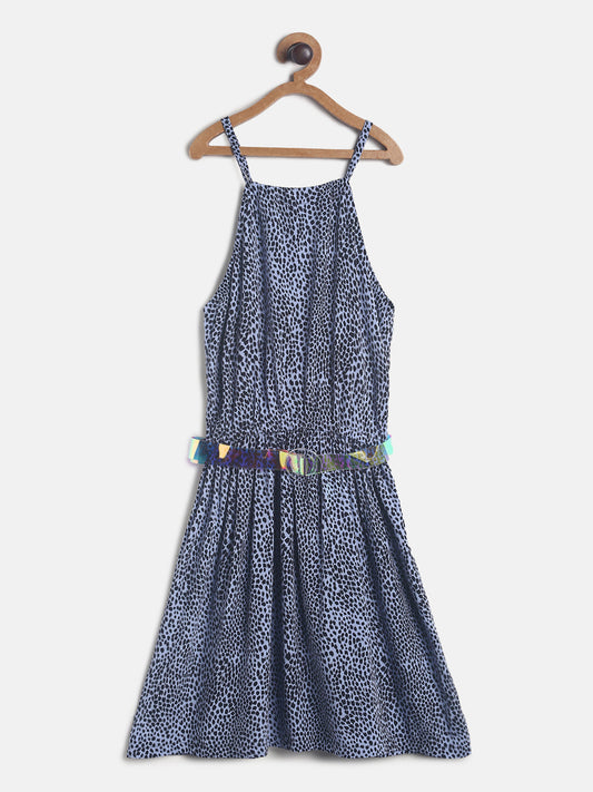 Girls Dark Blue Printed Dress With Belt 