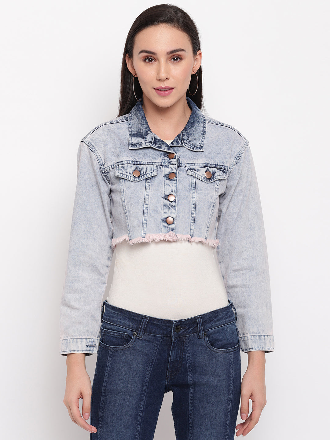 Women Pink Tinted Cropped Denim Jacket