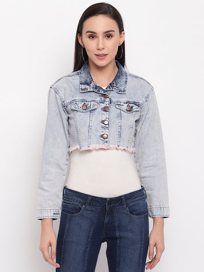 Women Pink Tinted Cropped Denim Jacket